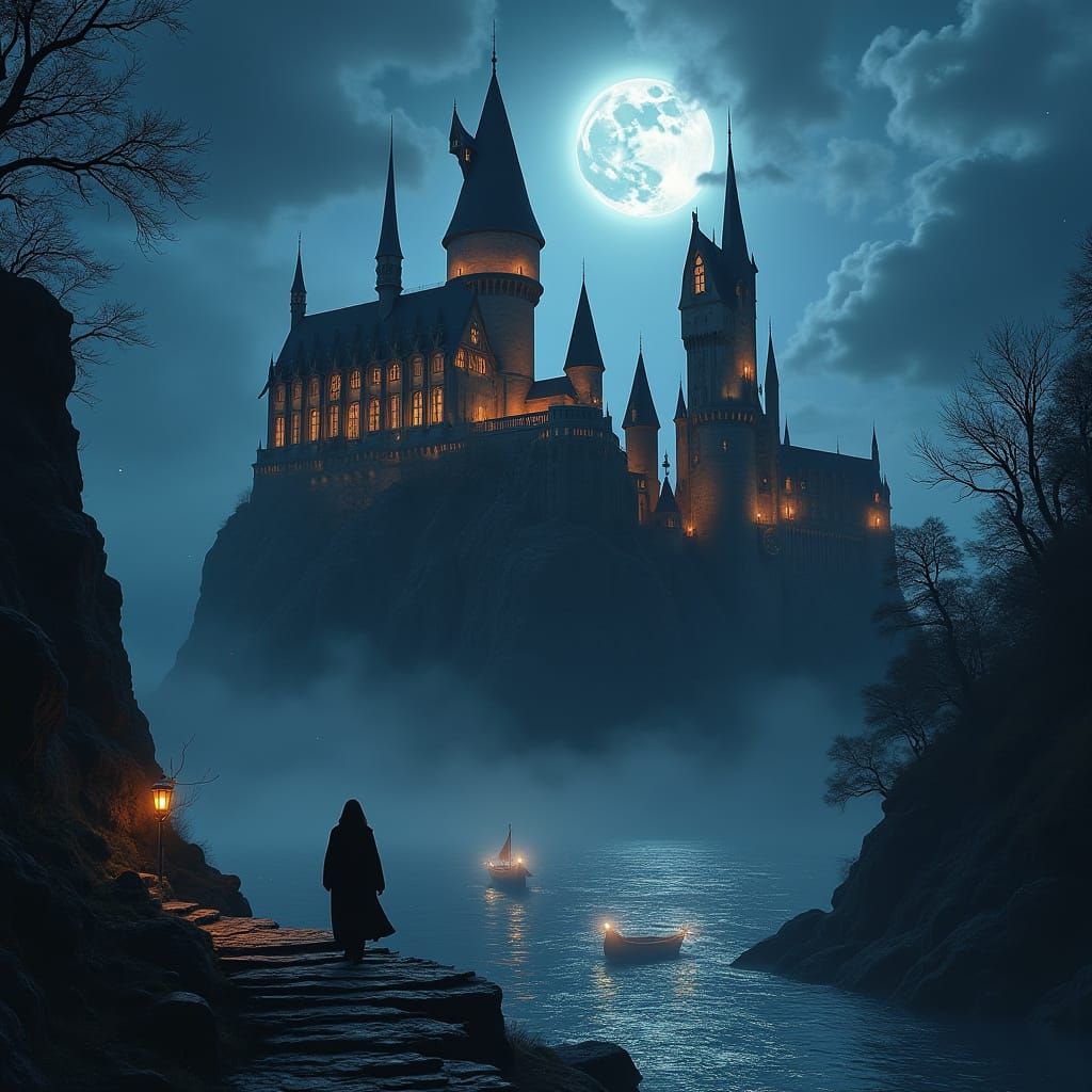 Hogwarts Castle Illuminated by Mystical Full Moon in a Cinem...