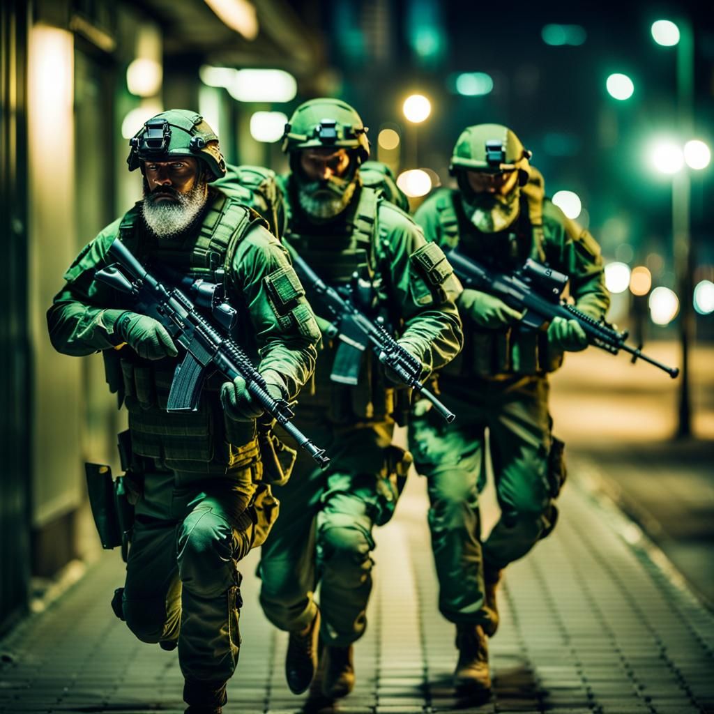 Tactical Soldiers in Urban Setting at Night