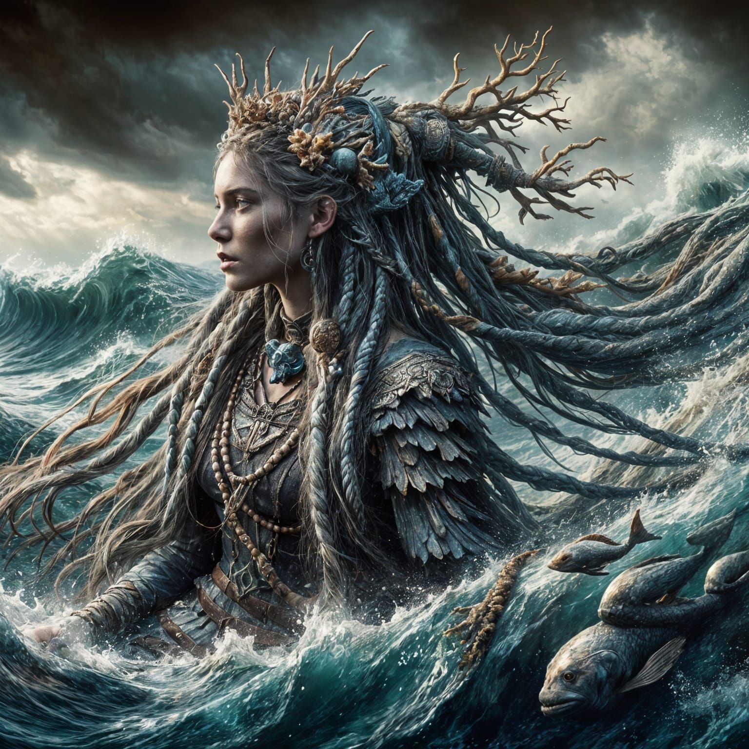 Viking Mermaid Goddess of Stormy Seas as Impasto Painting