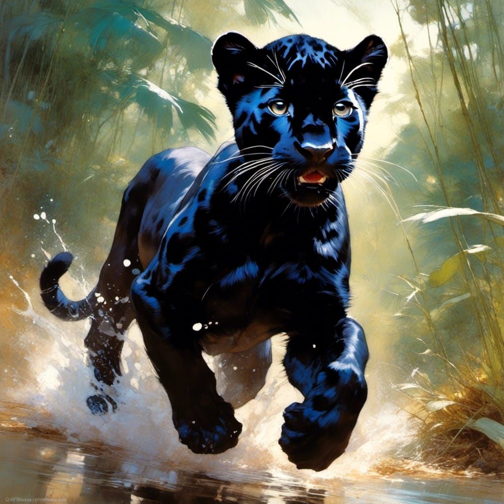 Adorable Black Panther in Motion, Oil Painting Style