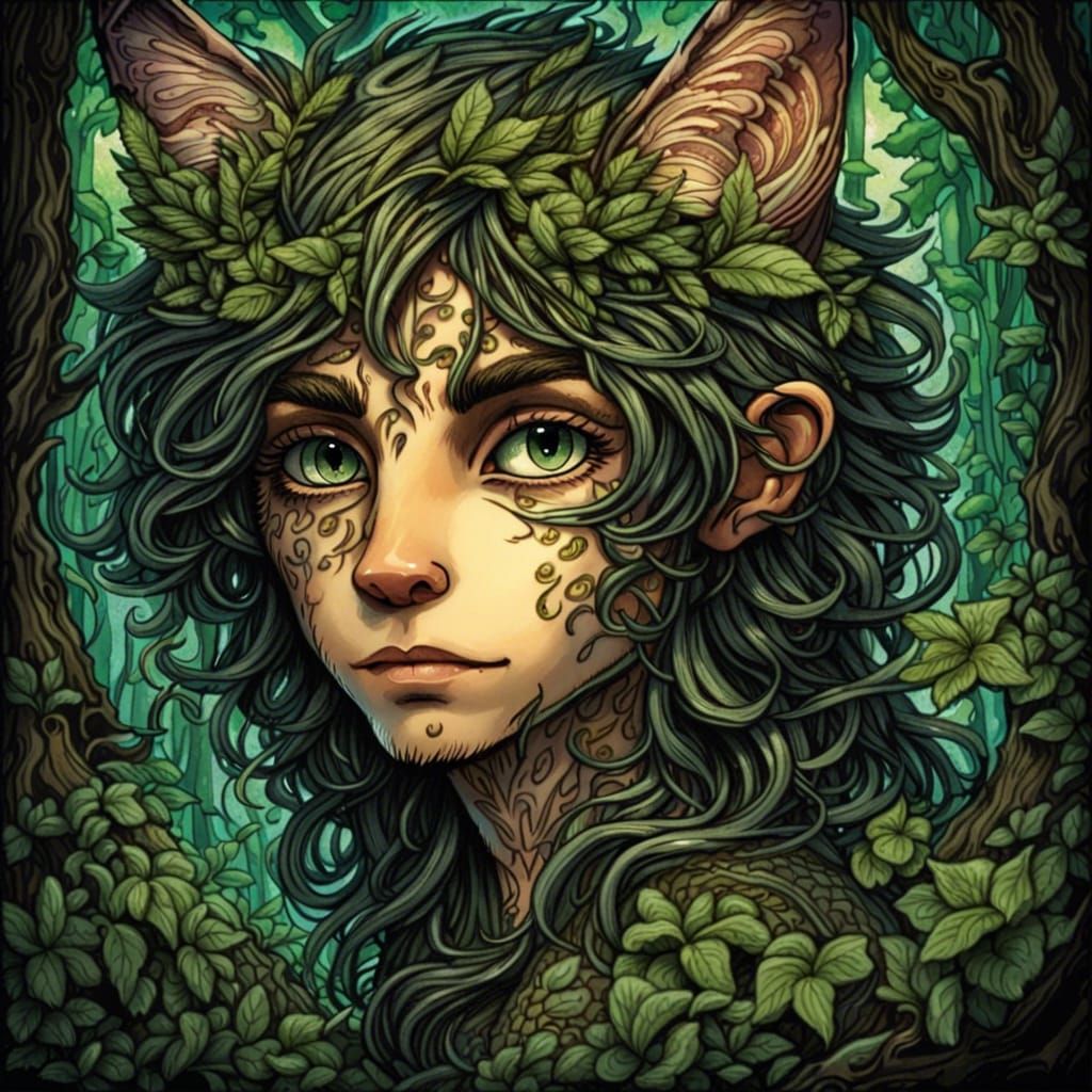 Ornate Portrait of a Cute Cat-Like Dryad Man
