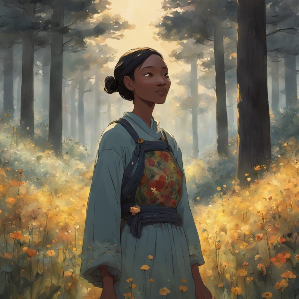 Serene Woman in Golden Garden, Radiant with Gratitude