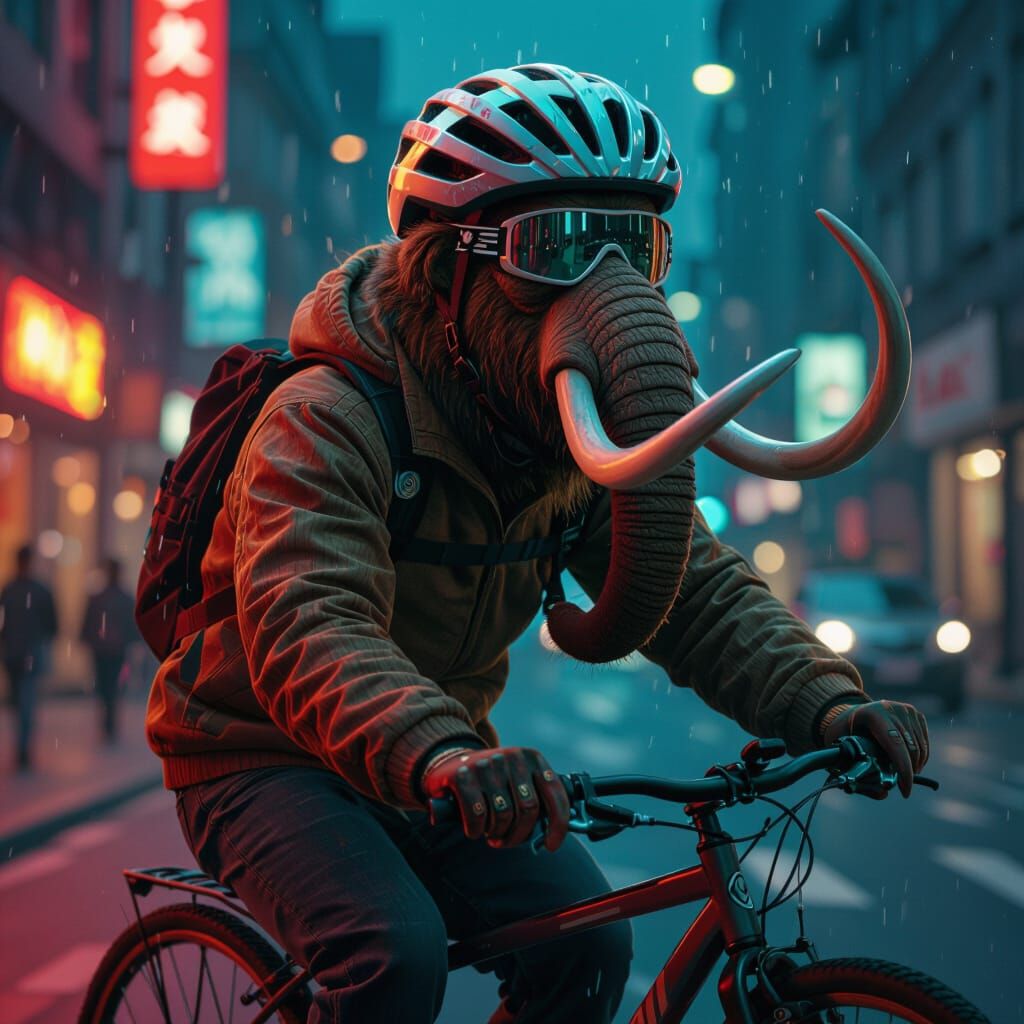 Mammoth on Bicycle in Hyperrealistic Digital Art