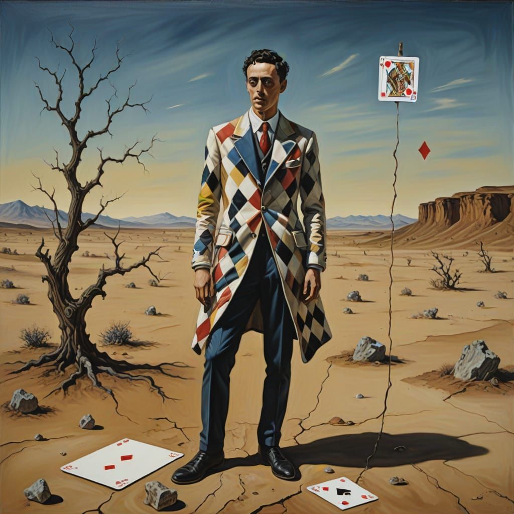 Surreal Harlequin in Desert Landscape with Melting Clock