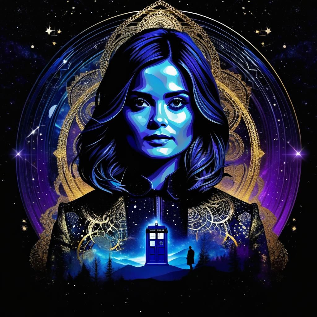 Jenna Coleman Double Exposure with TARDIS in Starry Sky