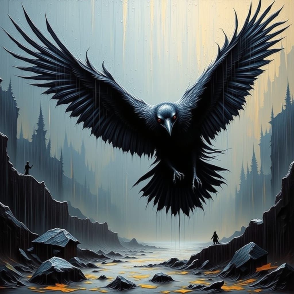 Crow in Impasto Rainstorm: Expressive Brushstrokes