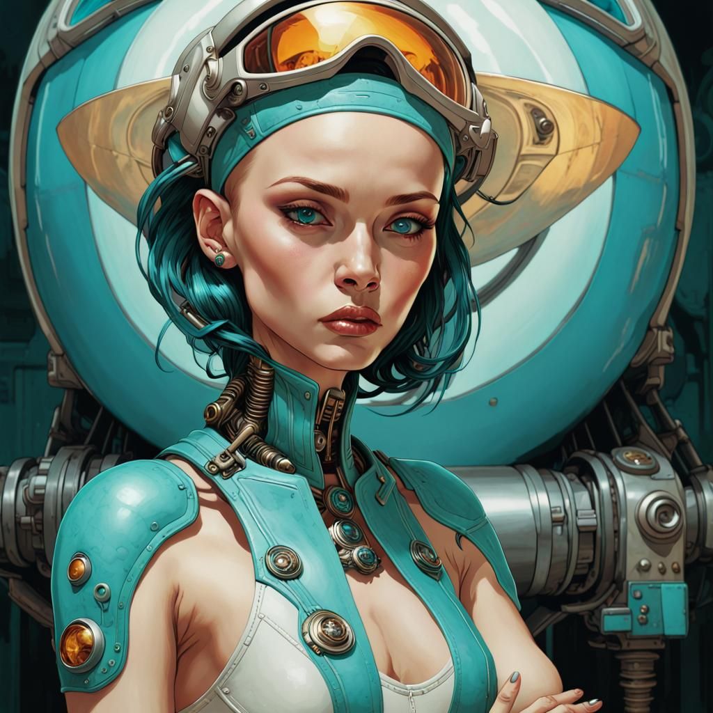 Turquoise Alien Mechanic Portrait in Art Nouveau Style