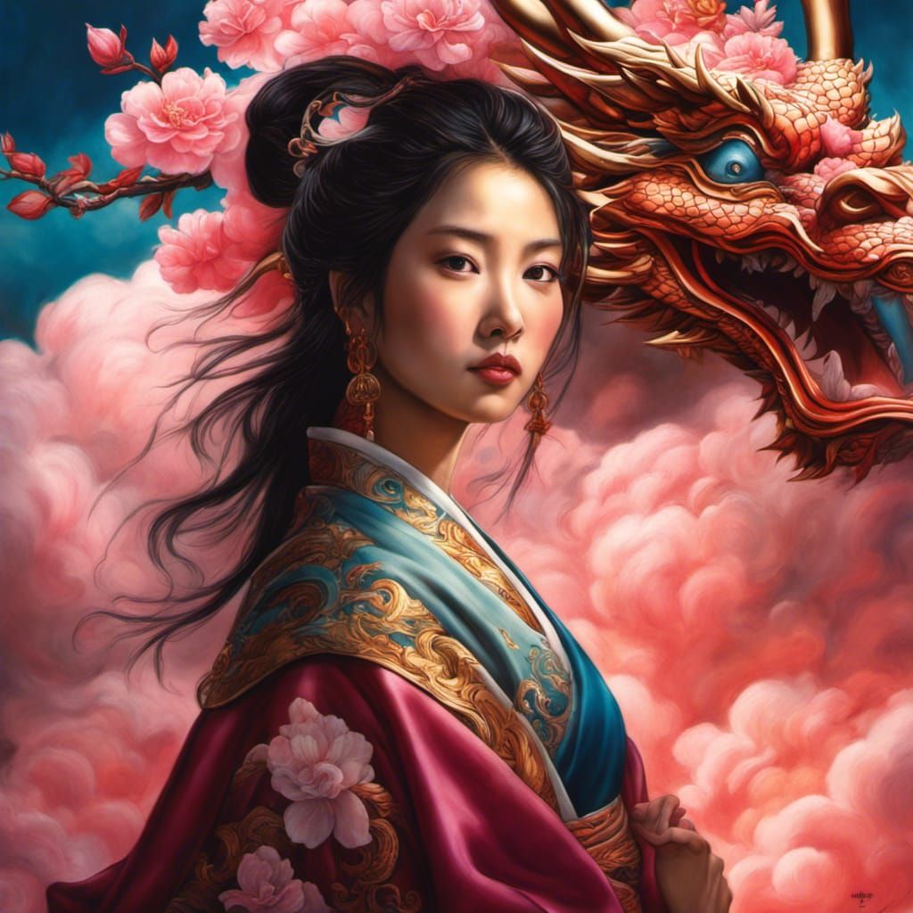Asian Woman Portrait with Sakura Cloud in Impasto Style