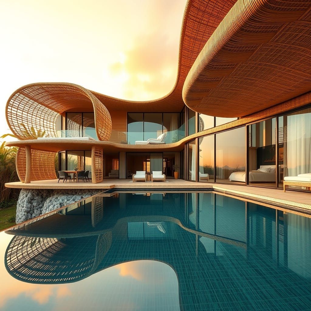 Luxurious Bamboo Villa with Wicker Balconies at Sunset