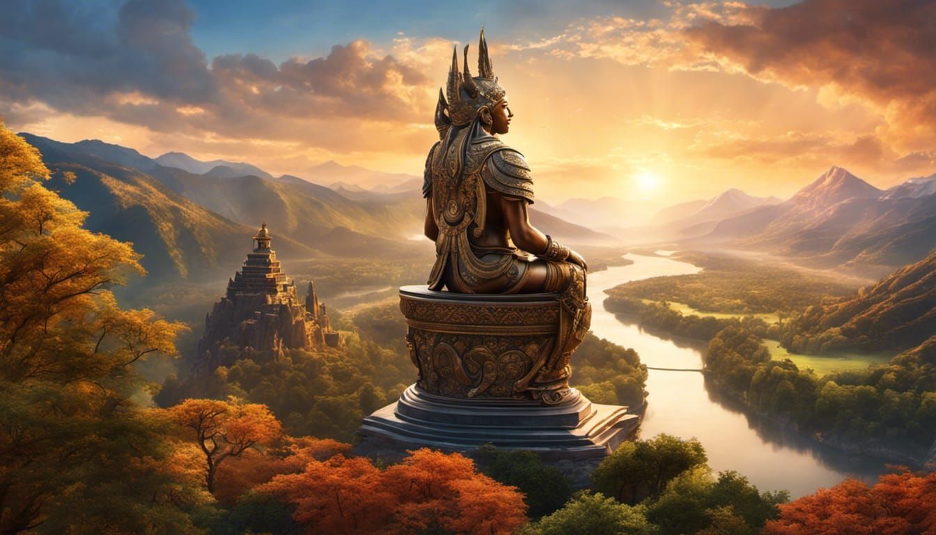 Bronze God Overlooks River Valley at Sunset