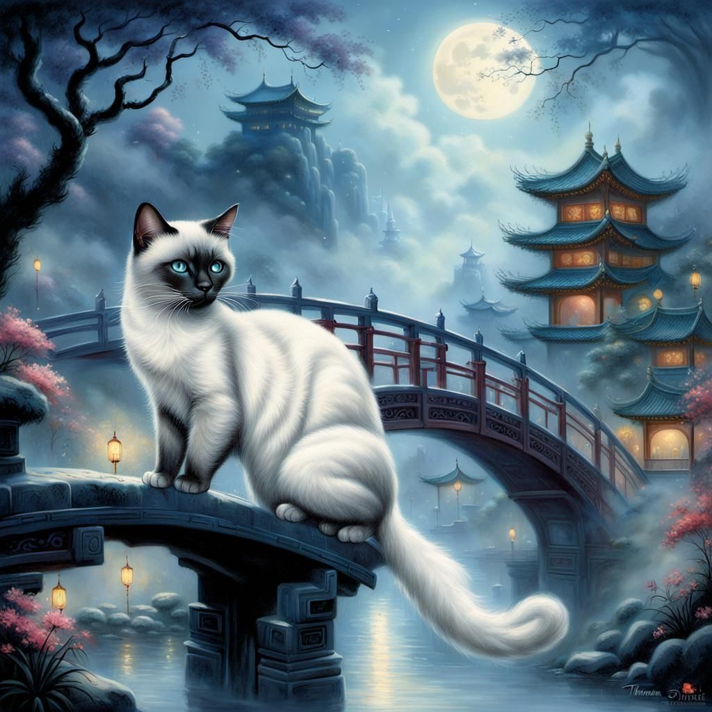 Siamese Cat on Chinese Bridge in Ethereal Moonlight