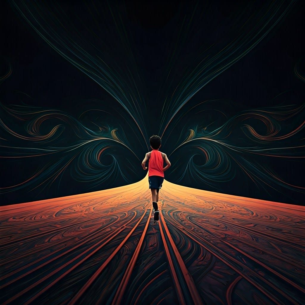 Young Boy Runs with Determination on a Vibrant, Swirling Run...