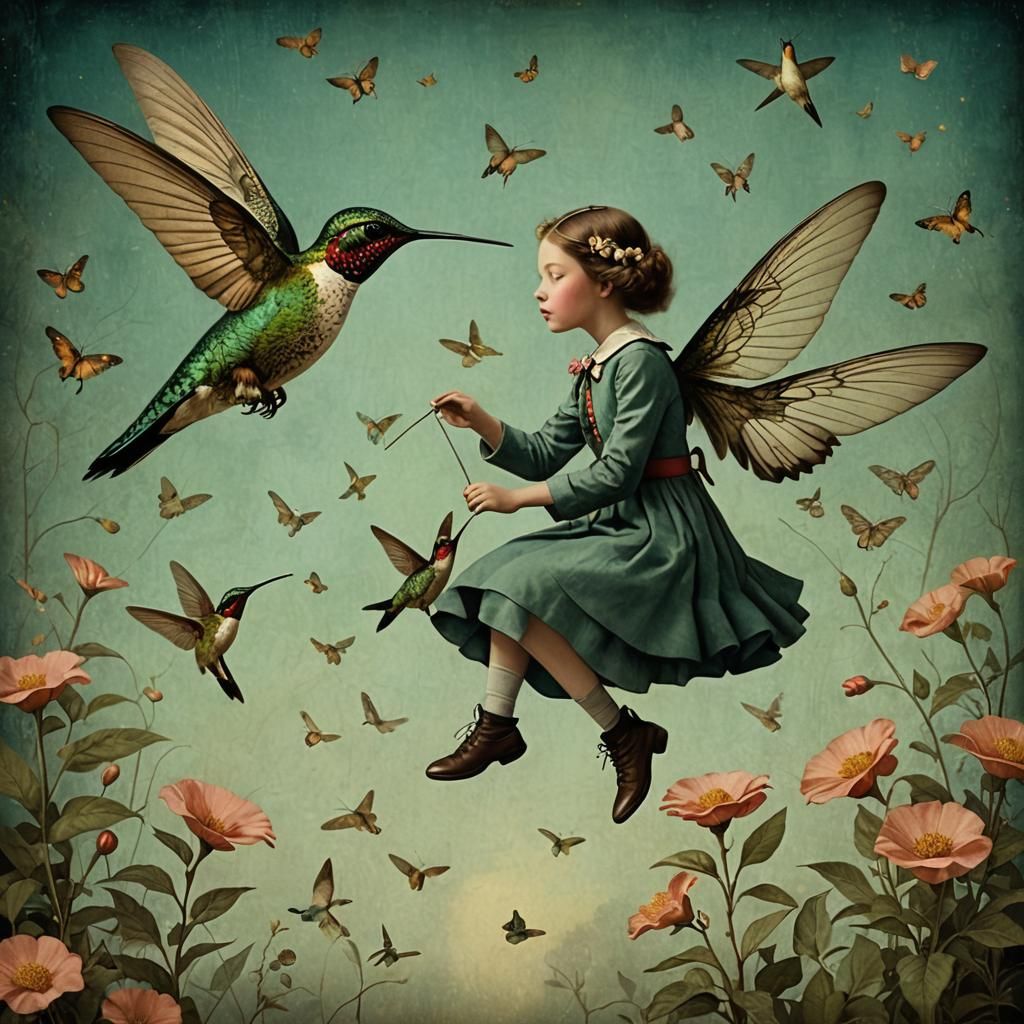 tiny girl rides on the back of a giant hummingbird