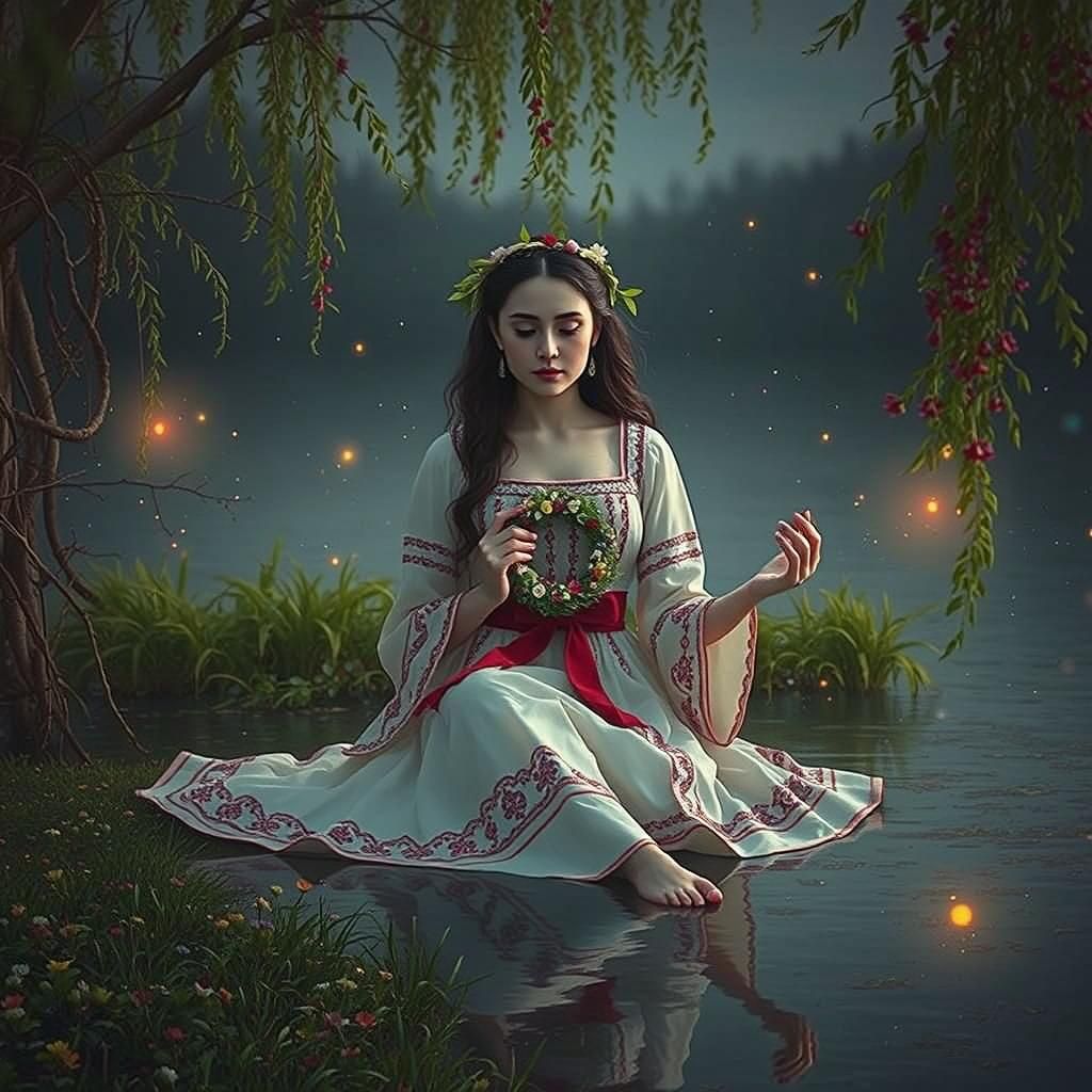 Slavic Woman with Floral Wreath on Misty Lake