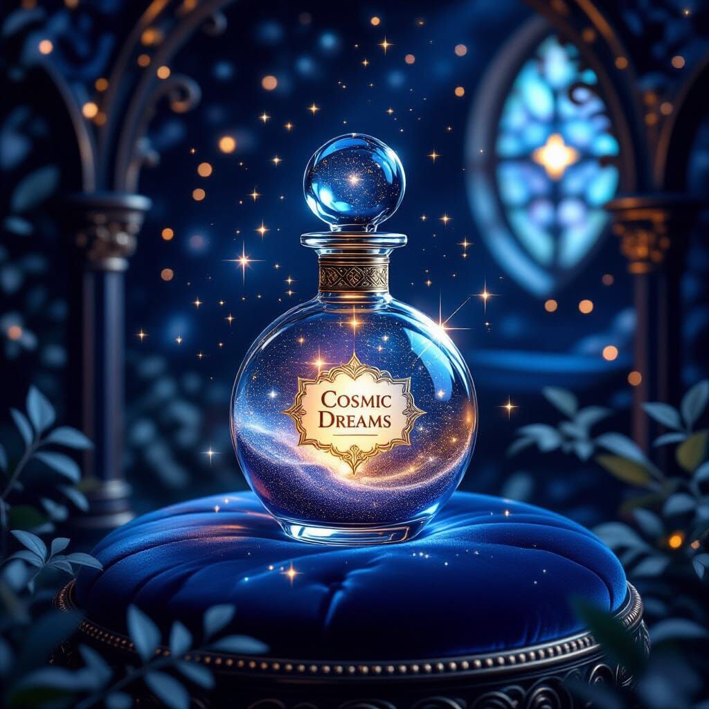 Ornate Vial of Cosmic Dreams in Art Nouveau Style