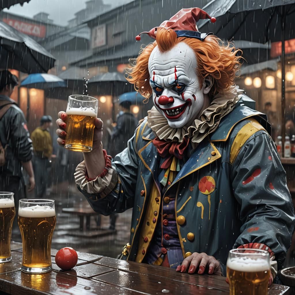 Sad Clown Drinking Beer in Detailed Anime Art