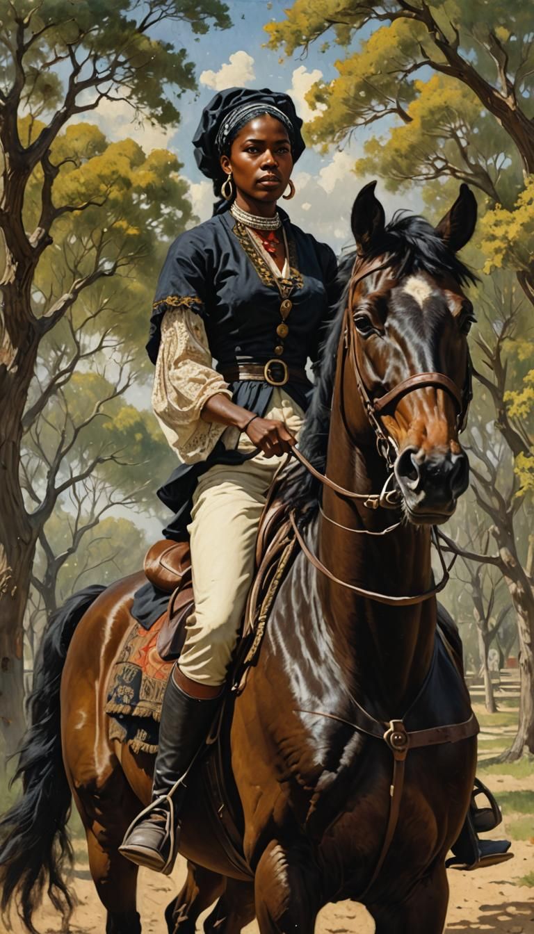 Black Woman on Horse in Oil Painting Style