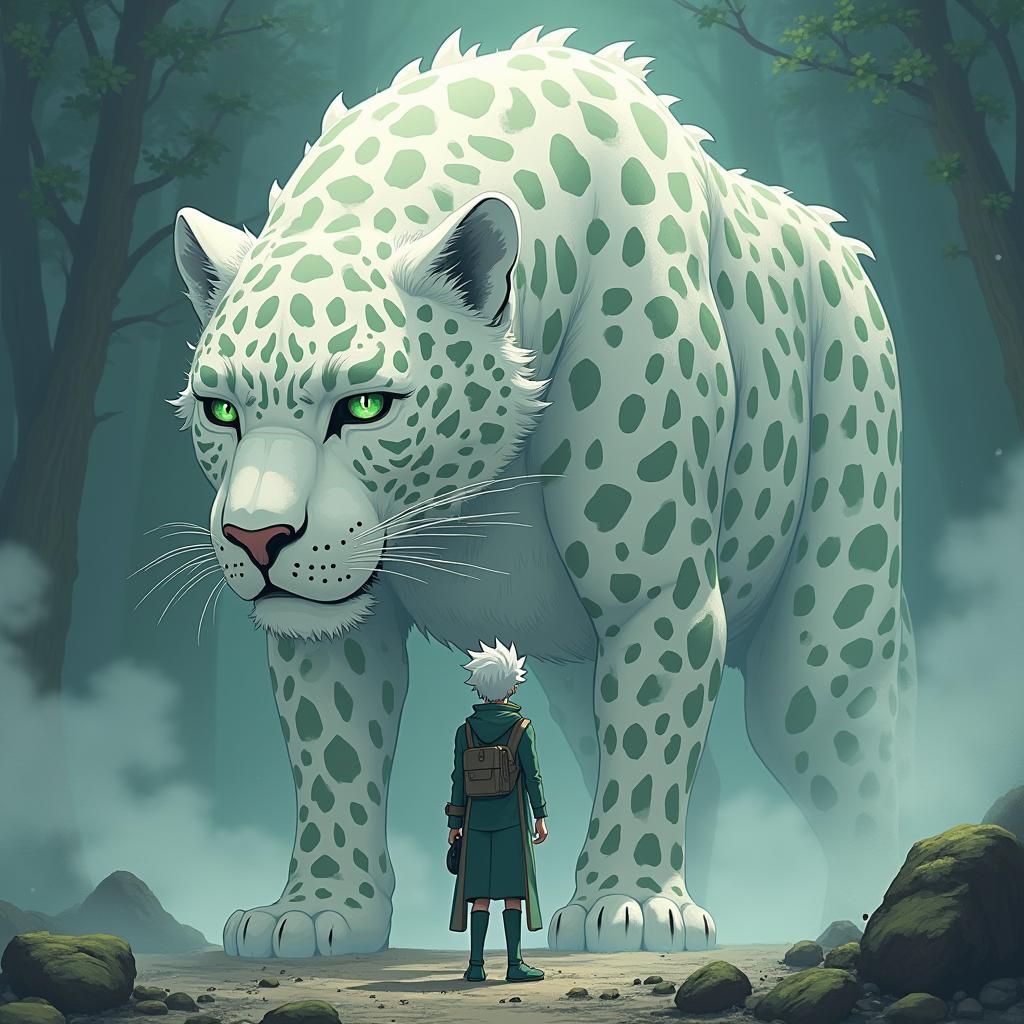 Majestic Leopard Guarding Midoriya in Dreamlike Manga Style