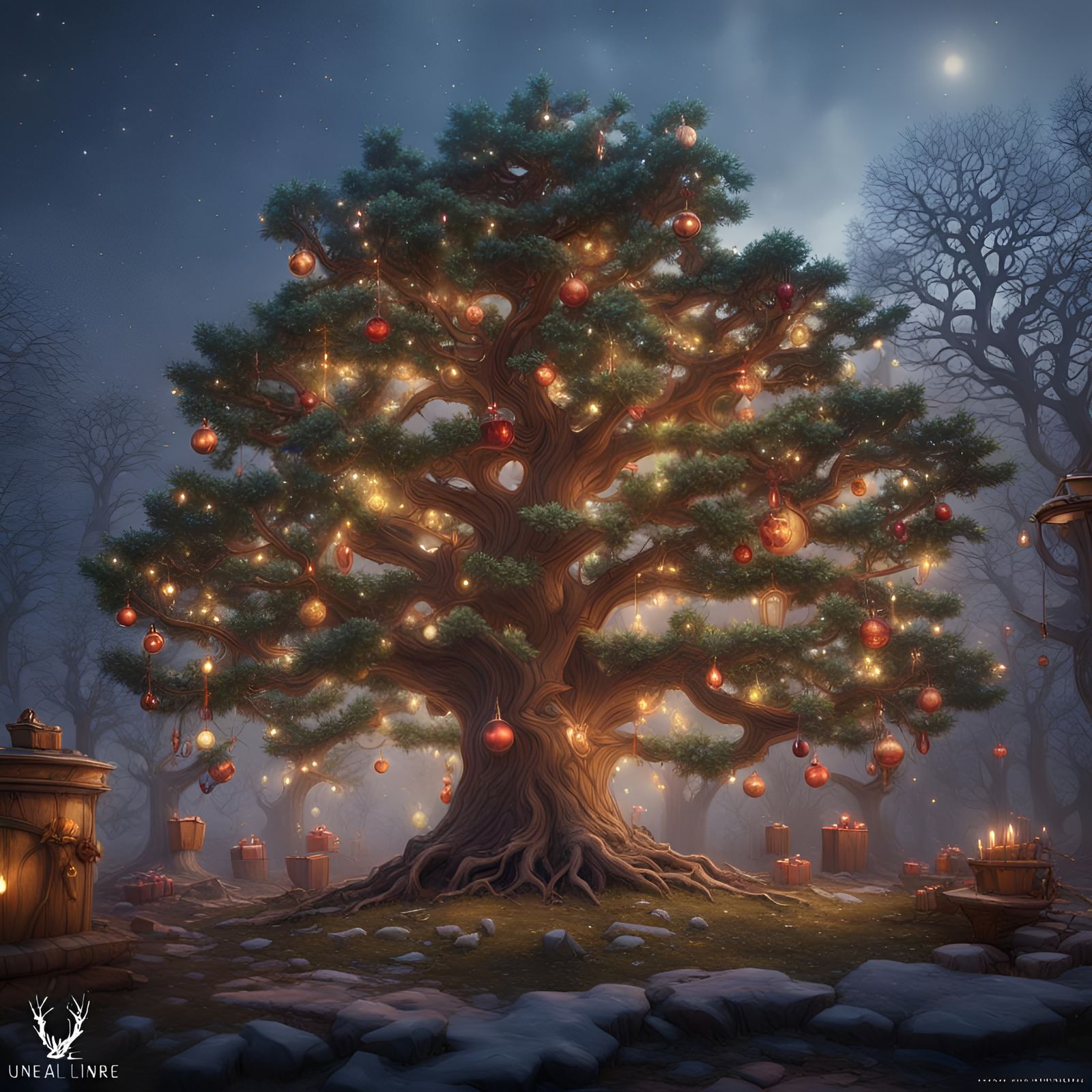 Decorated Christmas Oak Tree in Detailed Matte Painting