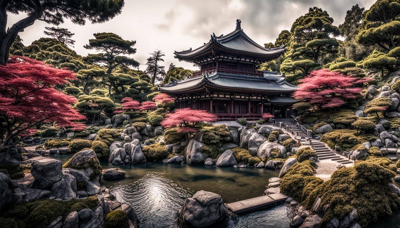 Detailed 3D Japanese Tea Garden Color Ink Sketch