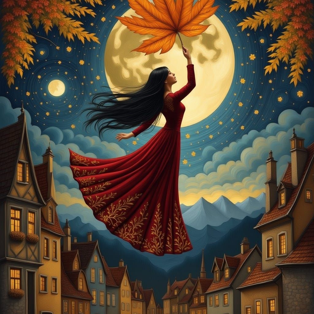 Velvet Dreamer Amidst Autumn Skies