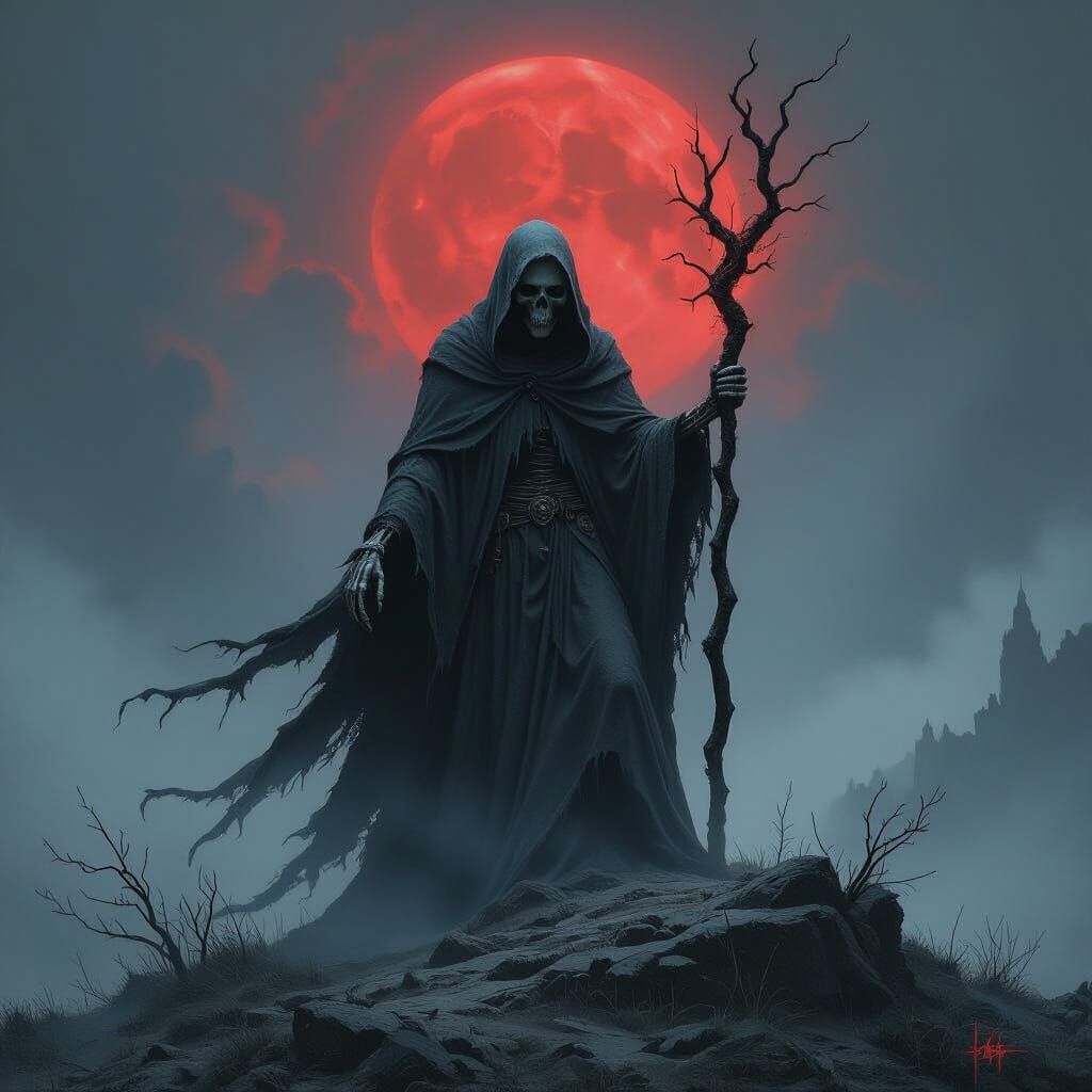 Skeletal Figure in Foggy Desolation Under Blood Moon