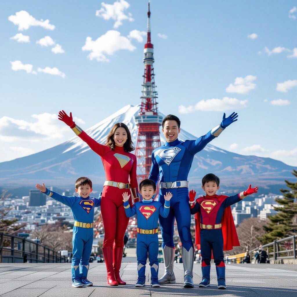 Family Soars Above Tokyo Tower in Superhero Costumes