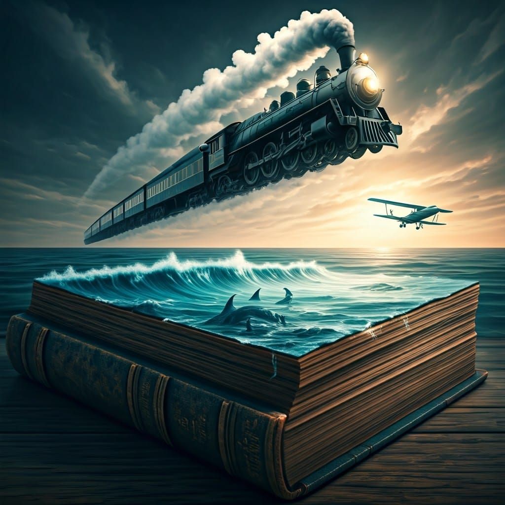 Flying Train Over Ocean Book, Fantasy Concept Art