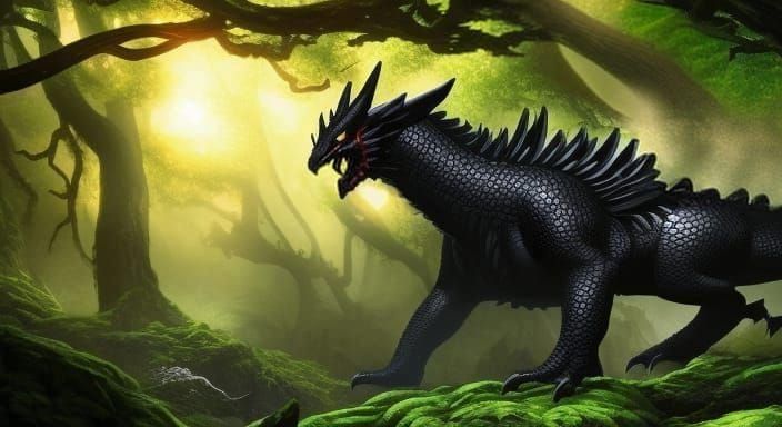 Mystical Black Dragon Hidden in Fantasy Forest