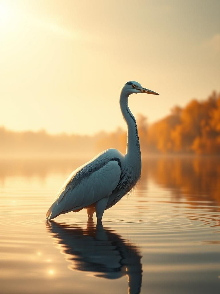 Heron on Autumn Lake in Surreal 3D Style