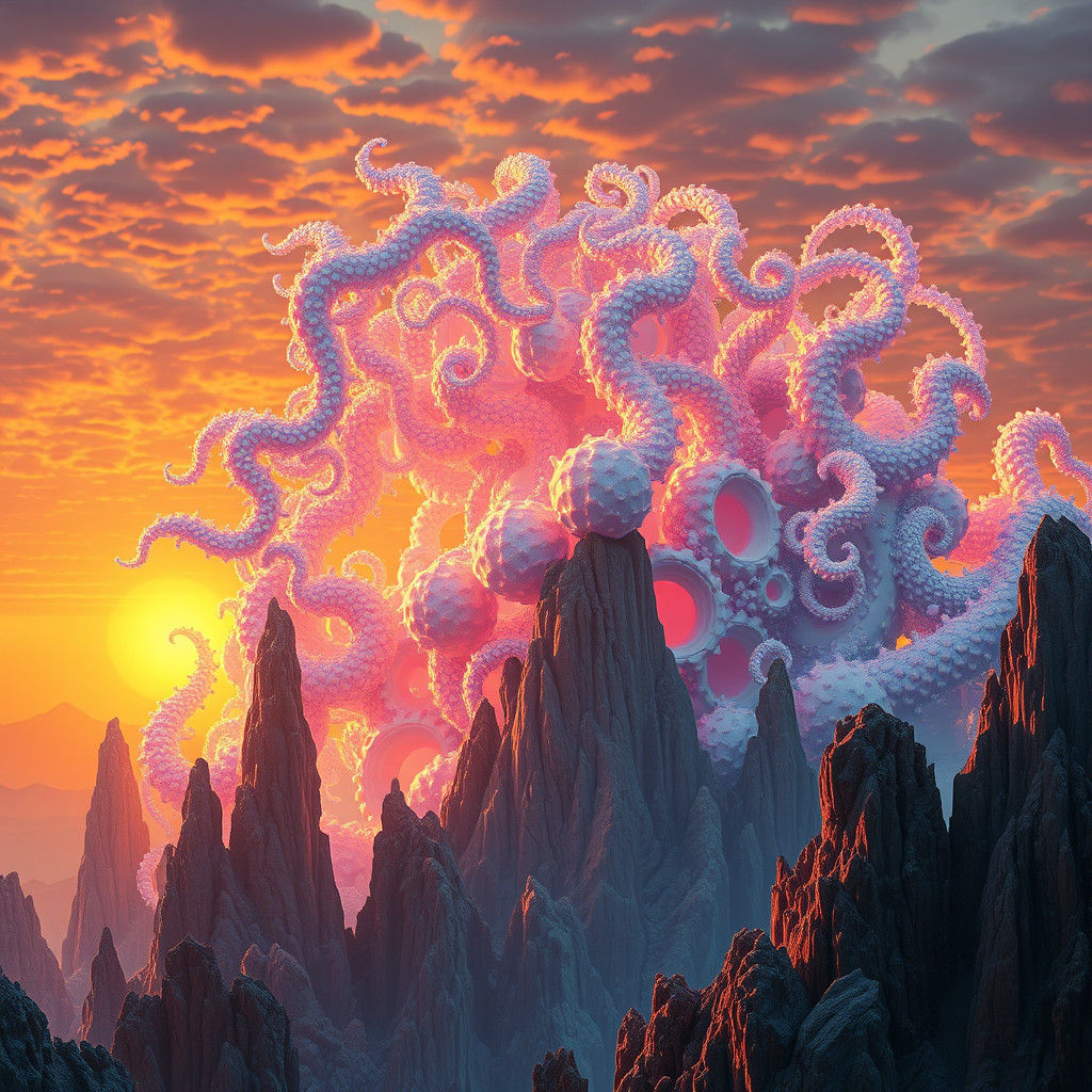 Dreamlike Iridescent Creature in a Biomorphic Landscape