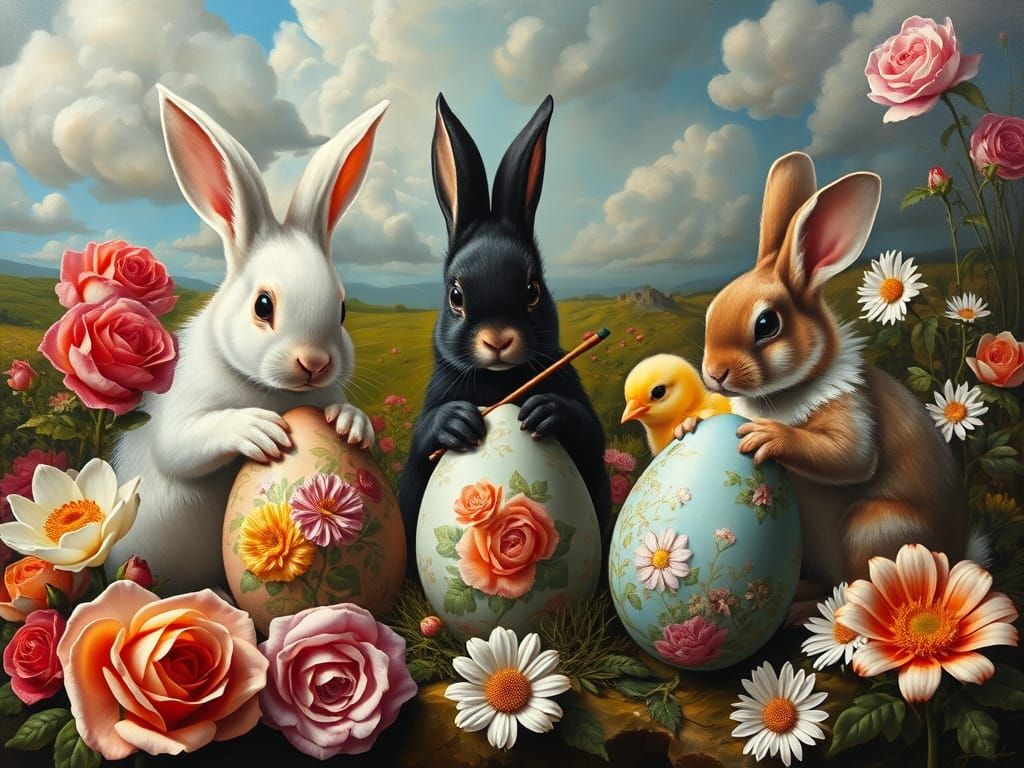 Easter Bunnies Painting Eggs in Surreal Renaissance Landscap...