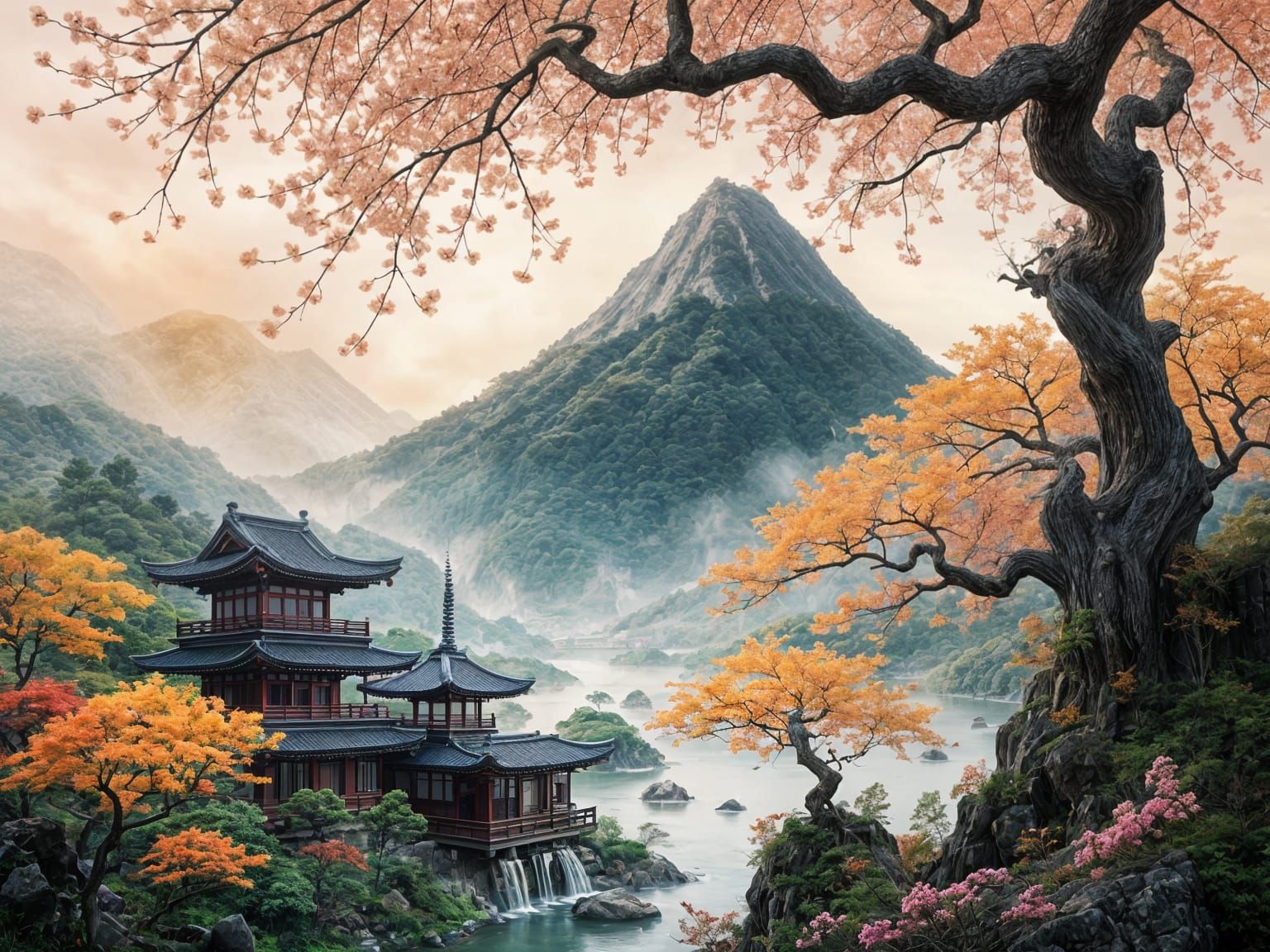 Serene Japanese Landscape Painting with Mount Fuji and Cherr...