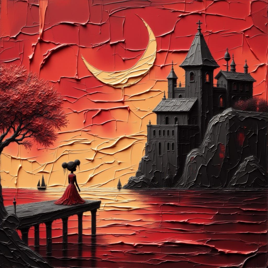 Majestic Castle on Cliff in Impasto Style