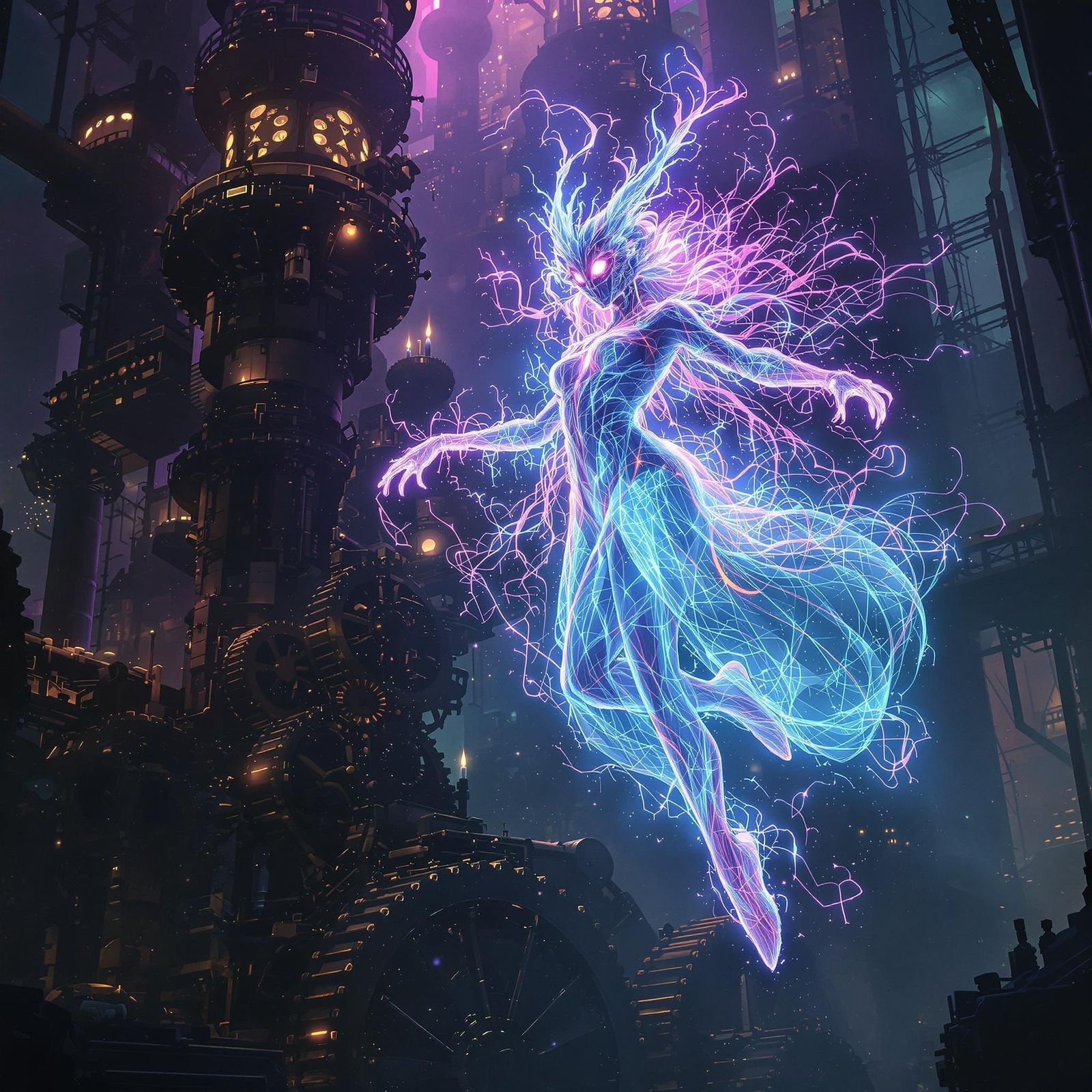 Steampunk Spirit Dancing in a Steam-Powered Factory