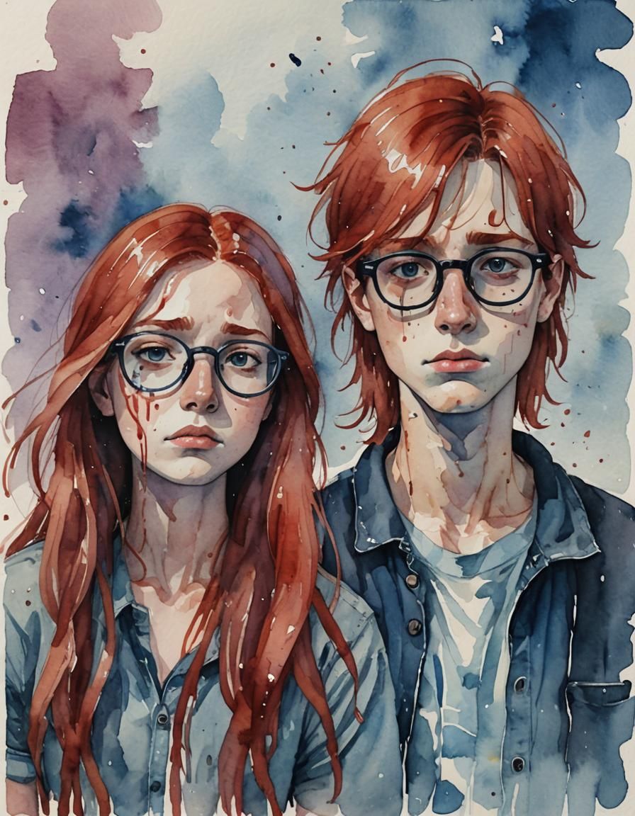 Sad Teenagers with Broken Hearts in Watercolor