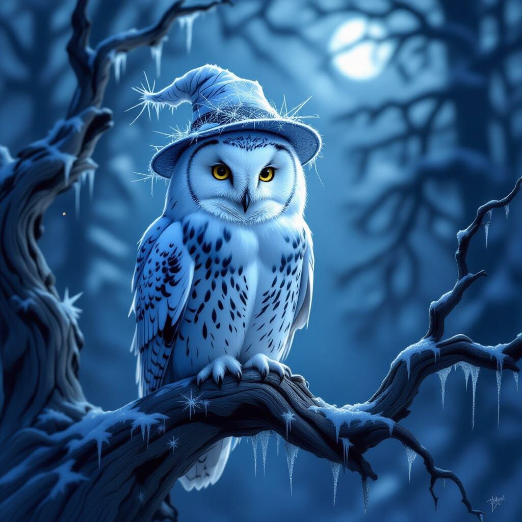 Majestic Snowy Owl in Moonlit Forest Fantasy Art