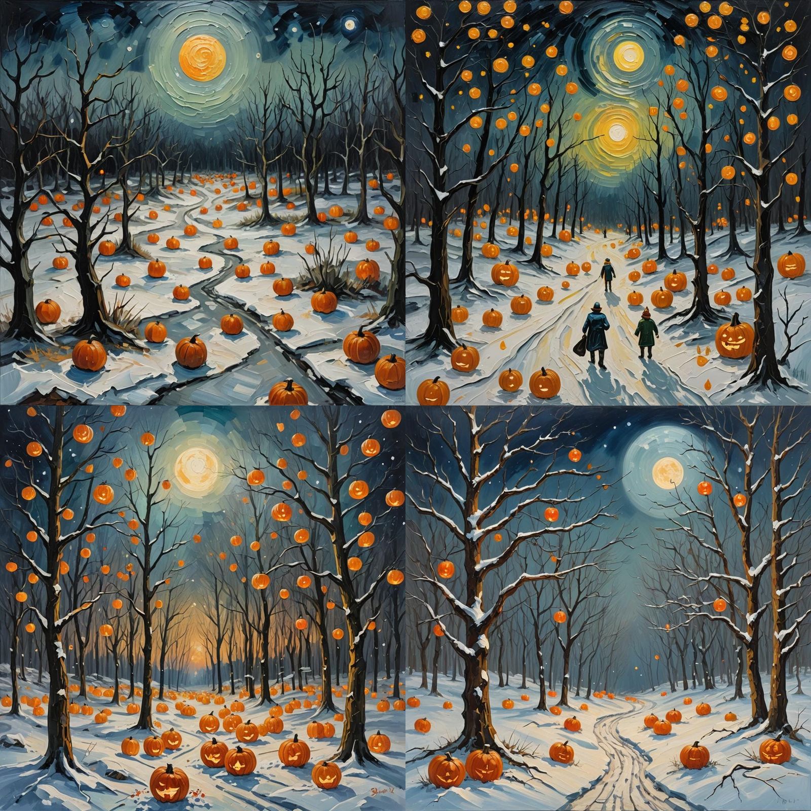 Ominous Moon Over Frozen Pumpkin Forest