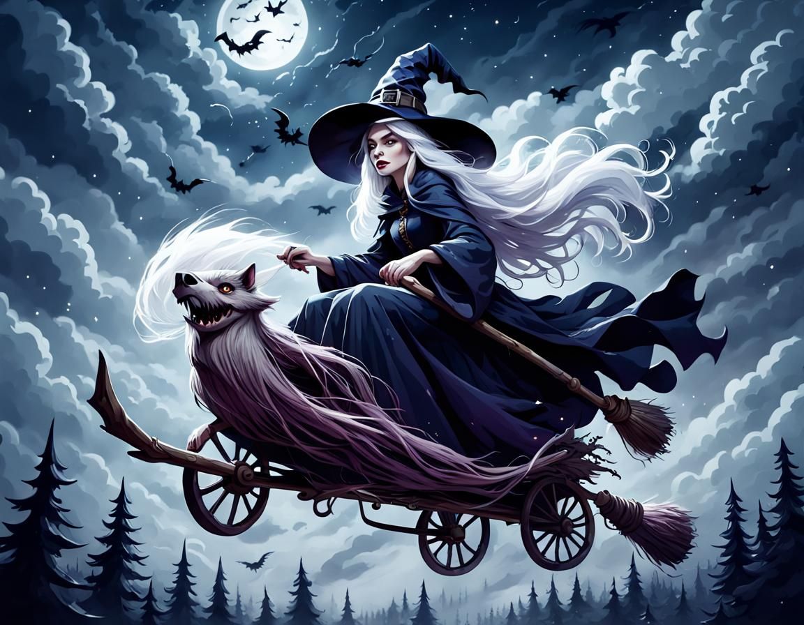 Witch Flying Through Gloomy Night Sky