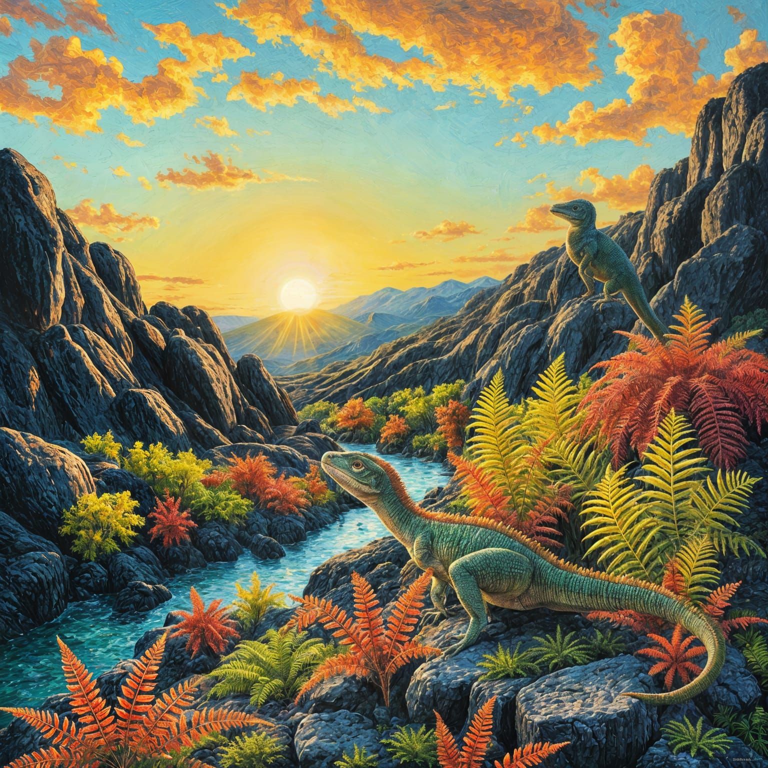 Jurassic Valley Sunrise in Expressionist Style