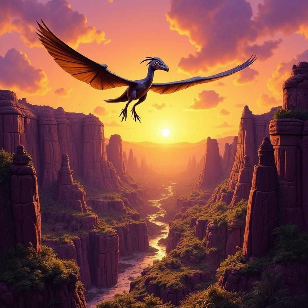 <lora:MONKEY QUEEN:1.0> A pterodactyl with two legs soars over a prehistoric canyon