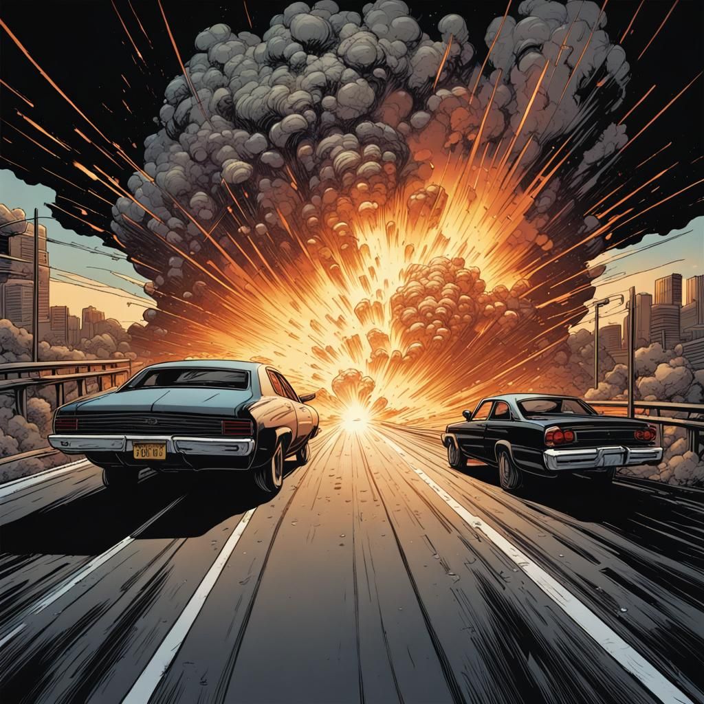 Explosive Comic Book Art Over Highway