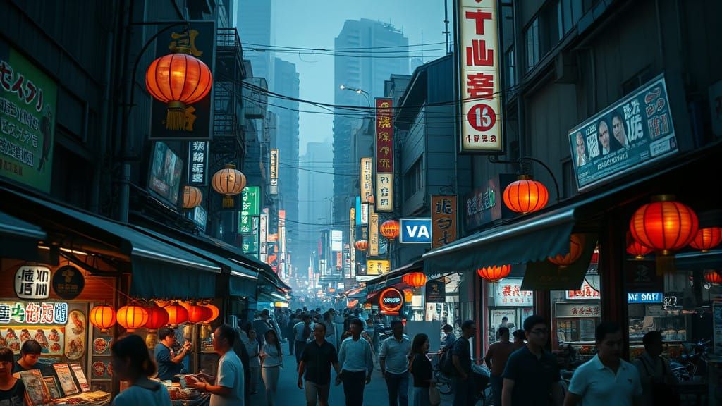 Taipei Night Market in Hyperrealistic Futuristic Style