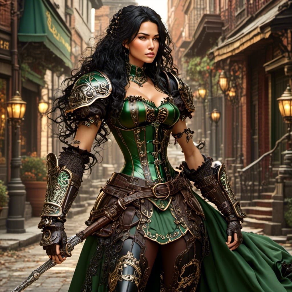 Female Warrior in Black Armor with Green Eyes