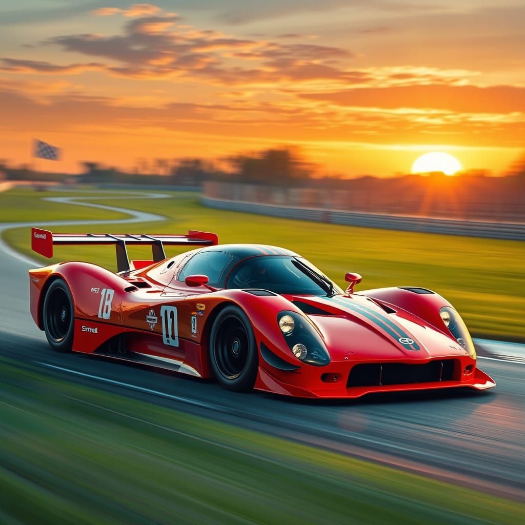 Futuristic Racing Car Blazes Through Sunset Track