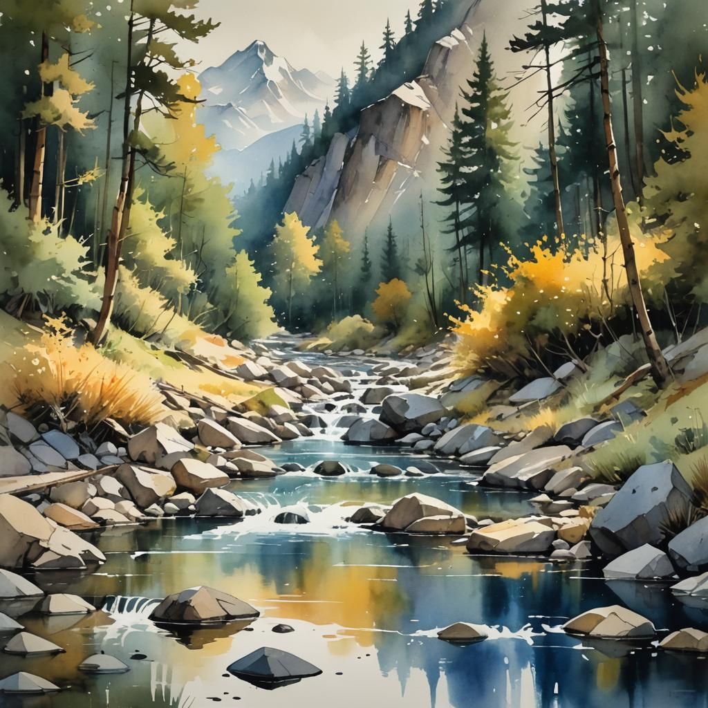 Mountain Stream in Watercolor, Low-Poly Style