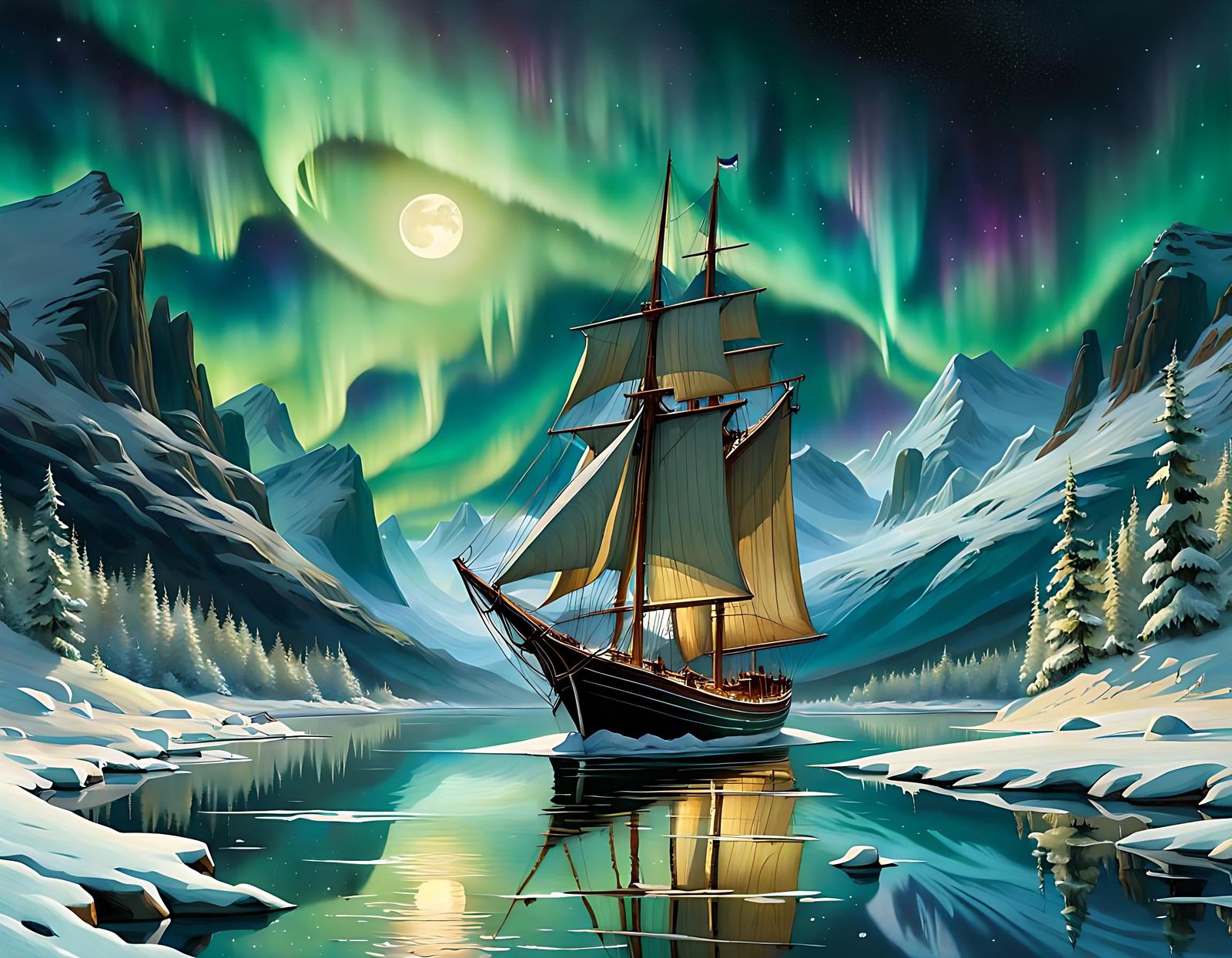 Tall Ship Under the Northern Lights Watercolor