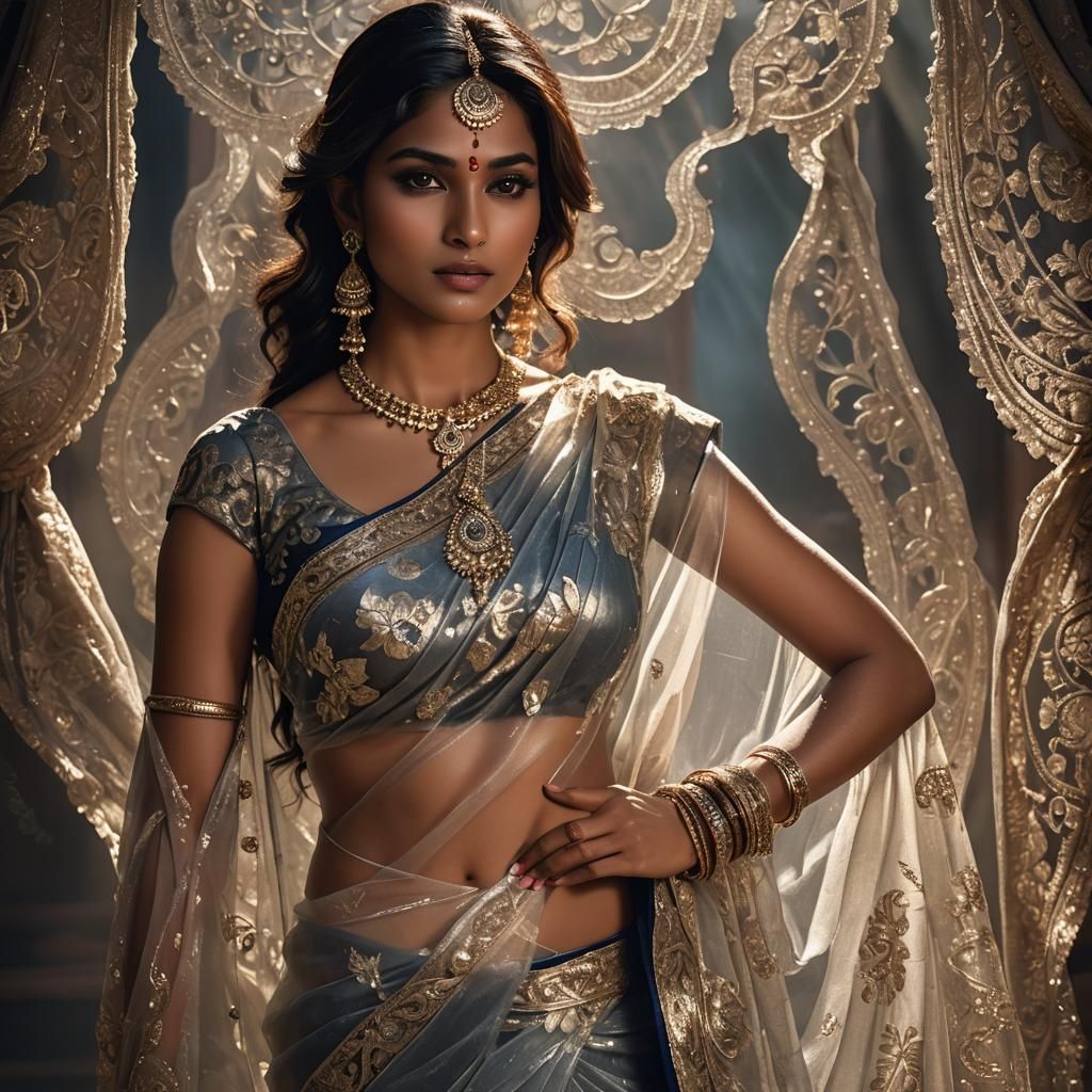 Indian Woman in Saree: Hyper-Realistic Art Nouveau Portrait