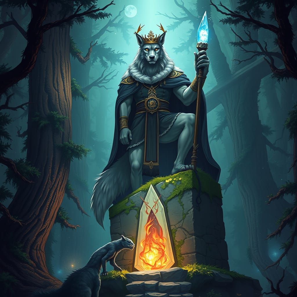 Wolf King Oversees Enchanted Forest in Dark Fantasy Style