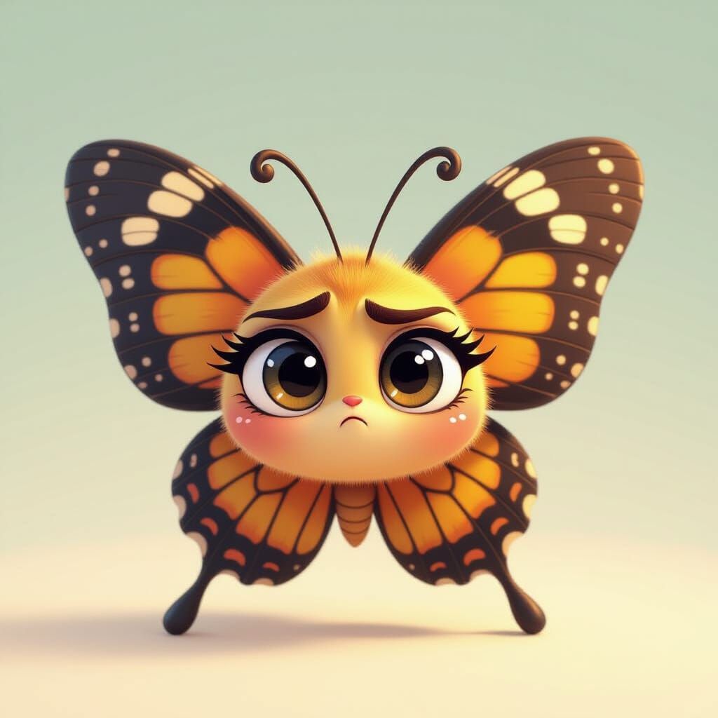 Confused Cartoon Butterfly in Cute 3D Style